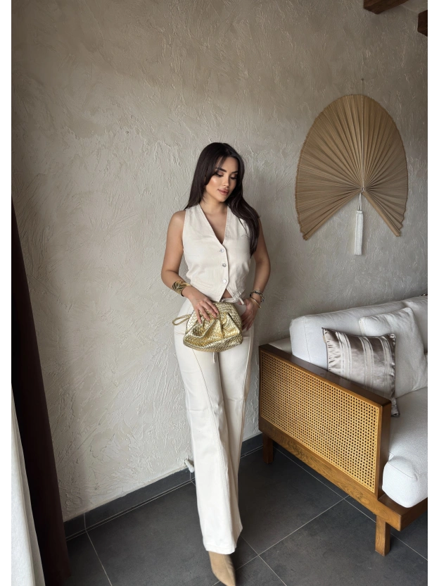 Ekru Kemerli Denim Pantolon Düğmeli Yelek Takım