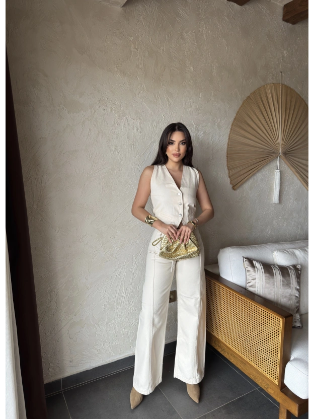 Ekru Kemerli Denim Pantolon Düğmeli Yelek Takım