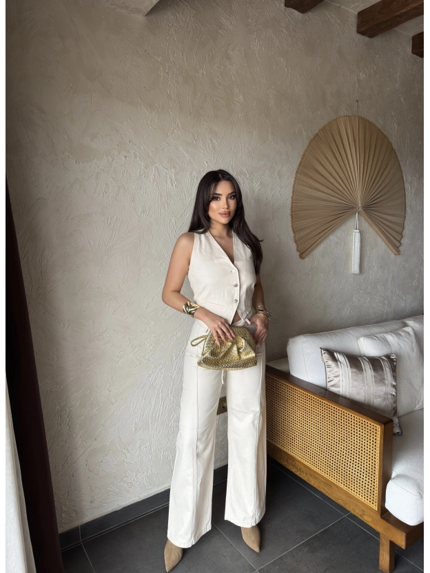 Ekru Kemerli Denim Pantolon Düğmeli Yelek Takım