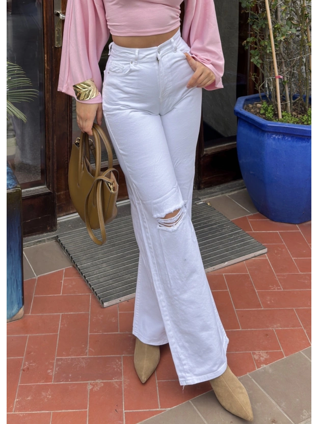 Beyaz Yırtık Palazzo Pantolon