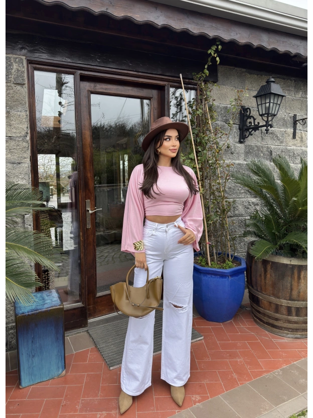 Beyaz Yırtık Palazzo Pantolon