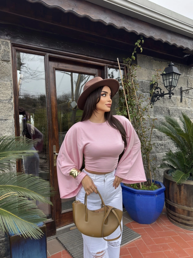 Pembe Bisiklet Yaka İspanyol Kol Crop Tshırt