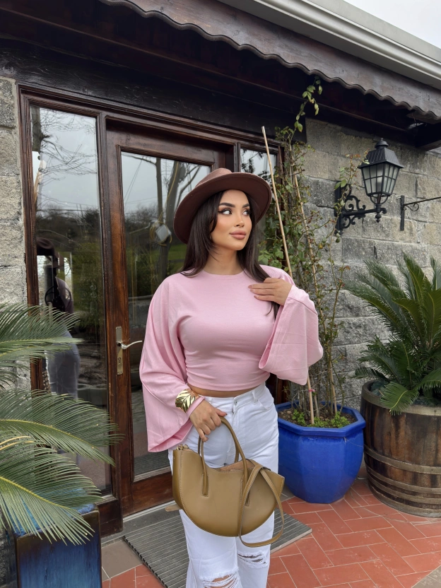 Pembe Bisiklet Yaka İspanyol Kol Crop Tshırt