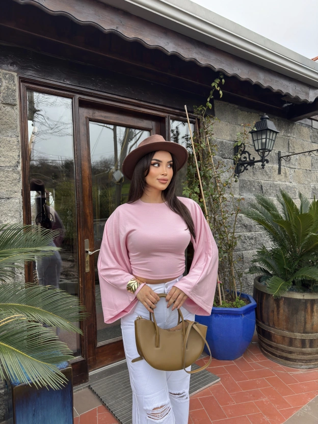 Pembe Bisiklet Yaka İspanyol Kol Crop Tshırt