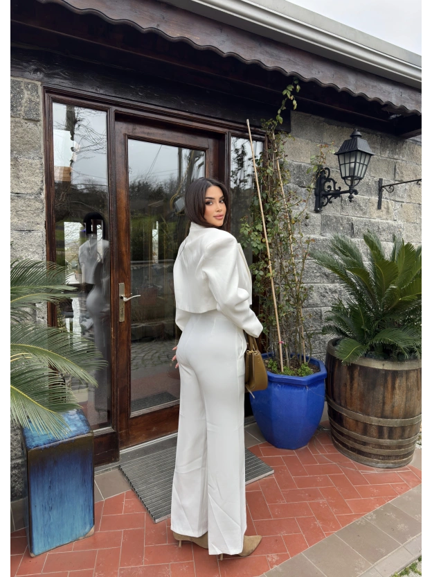 Beyaz Gizli Düğme Tam Kalıp Kumaş Pantolon