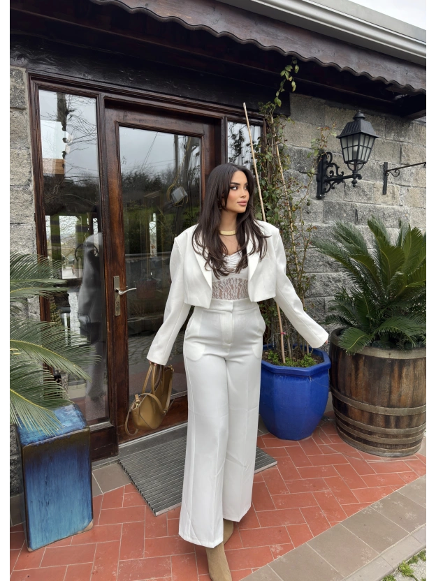 Beyaz Gizli Düğme Tam Kalıp Kumaş Pantolon