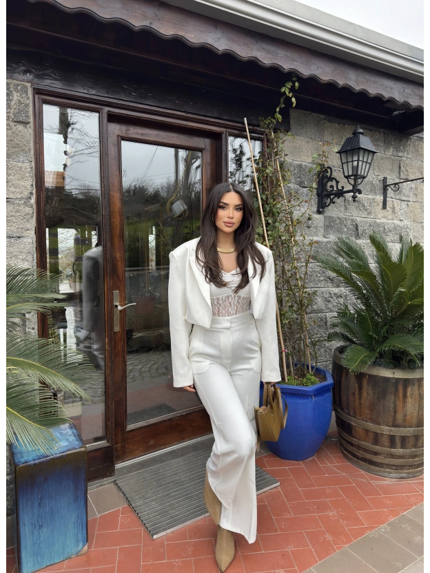 Beyaz Gizli Düğme Tam Kalıp Kumaş Pantolon