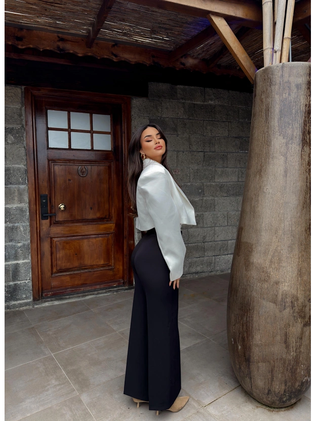 Siyah Gizli Düğme Tam Kalıp Kumaş Pantolon