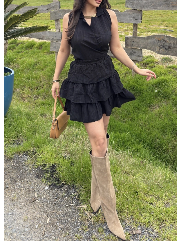 Siyah Gömlek Yaka Bağlamalı Kolsuz Etek Takım