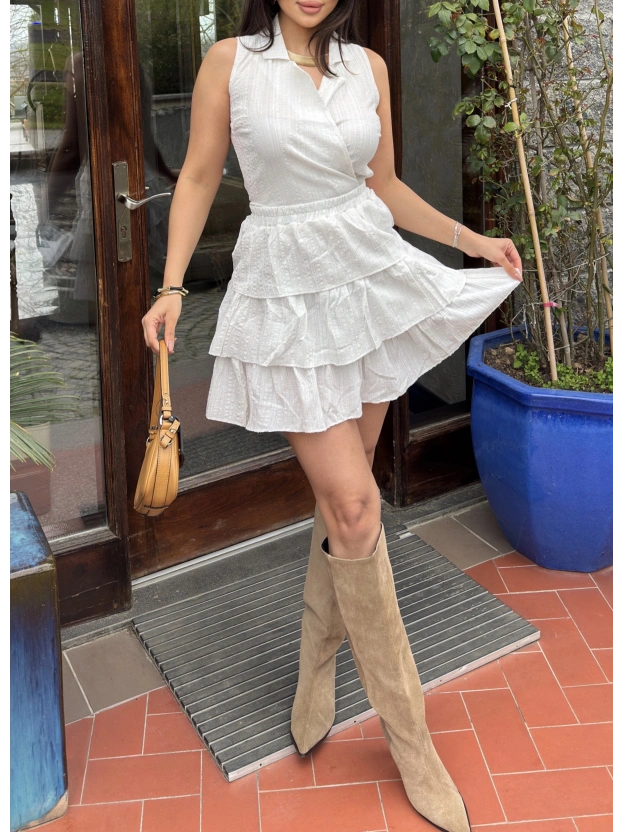 Ekru Gömlek Yaka Bağlamalı Kolsuz Etek Takım