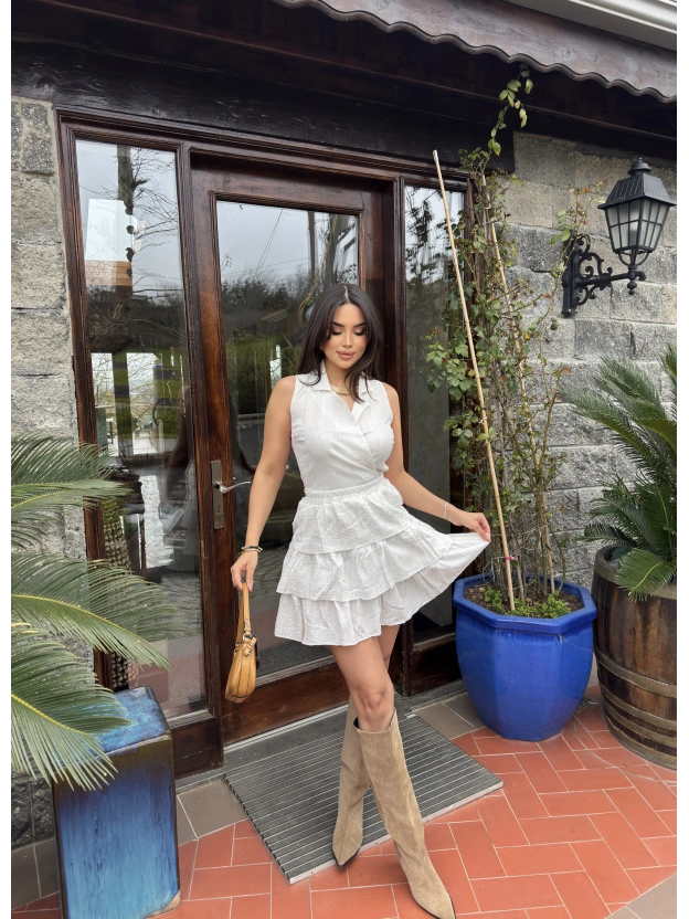 Ekru Gömlek Yaka Bağlamalı Kolsuz Etek Takım