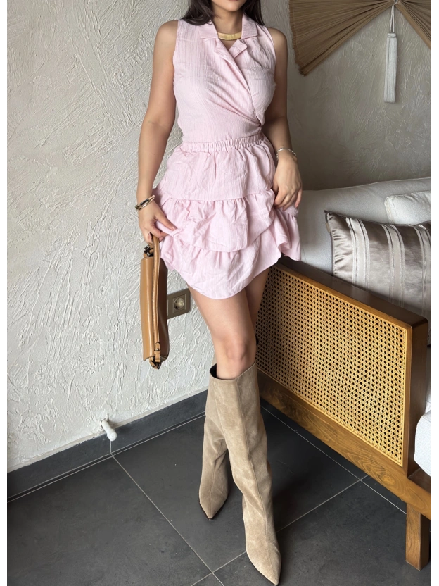 Pembe Gömlek Yaka Bağlamalı Kolsuz Etek Takım