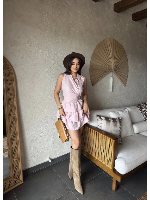 Pembe Gömlek Yaka Bağlamalı Kolsuz Etek Takım