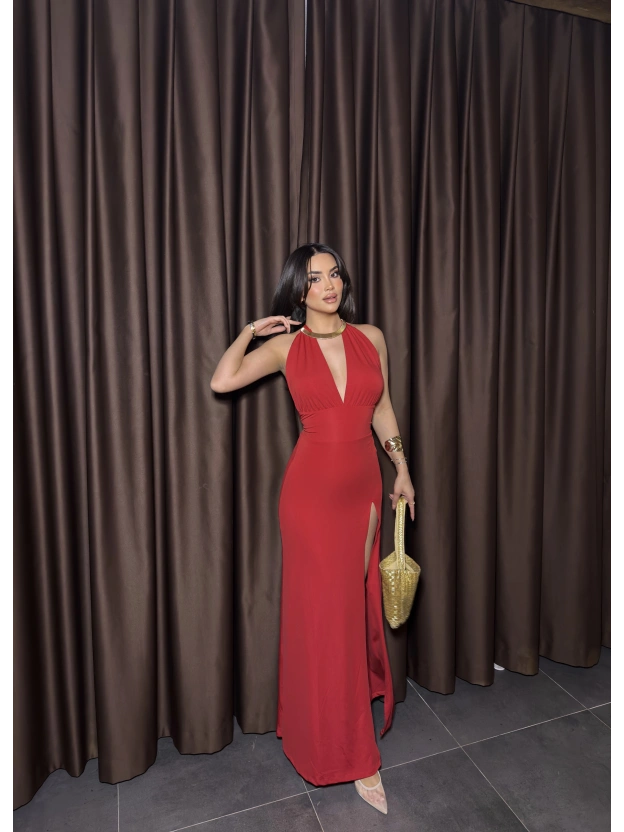 Kırmızı Sırt Dekolteli Yırtmaçlı Uzun Elbise