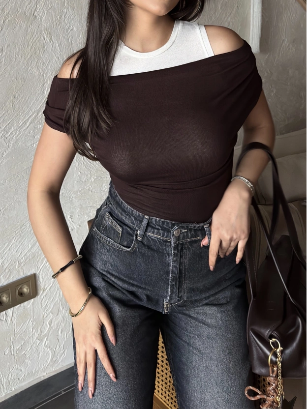 Kahverengi İkili Transparan Bluz Takım