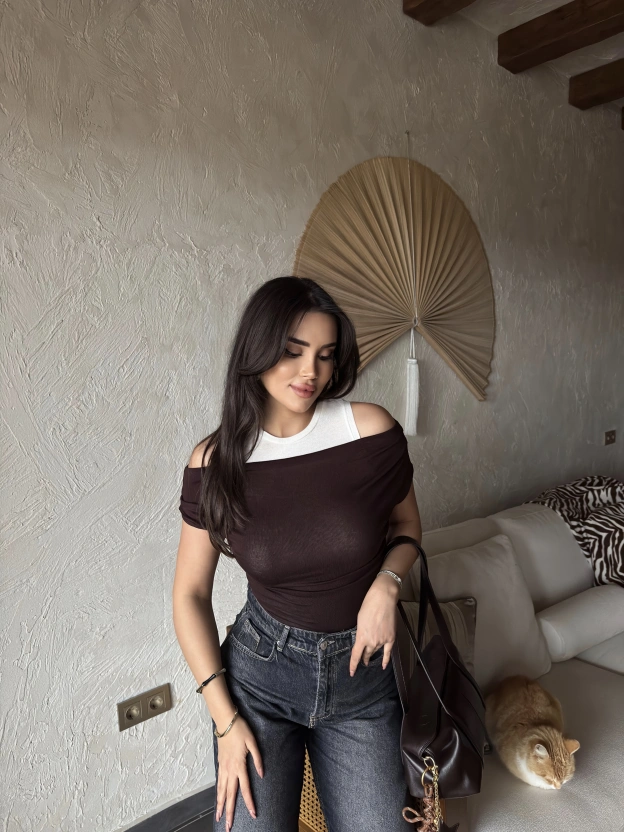 Kahverengi İkili Transparan Bluz Takım