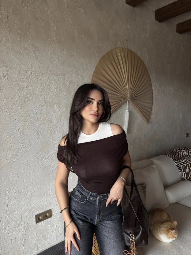 Kahverengi İkili Transparan Bluz Takım