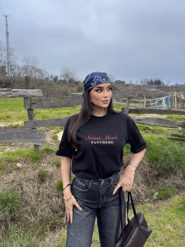 Siyah Baskılı Oversize Tshırt