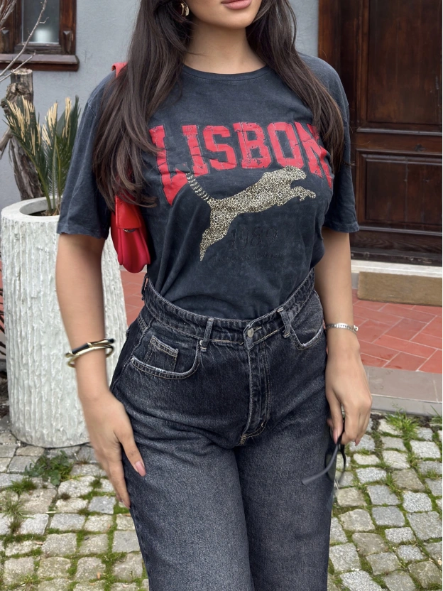 Füme Yıkamalı Baskılı Oversize Tshırt