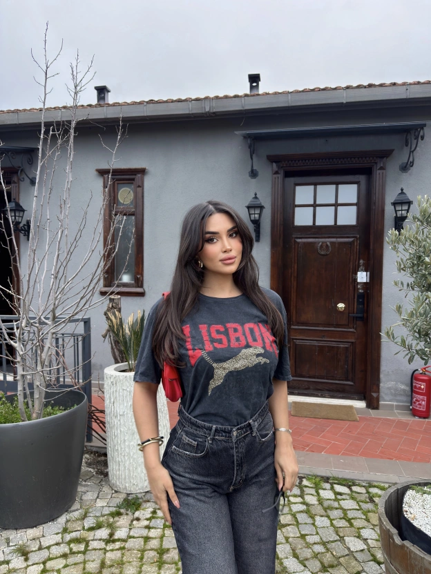 Füme Yıkamalı Baskılı Oversize Tshırt