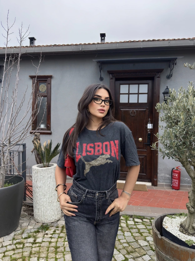 Füme Yıkamalı Baskılı Oversize Tshırt