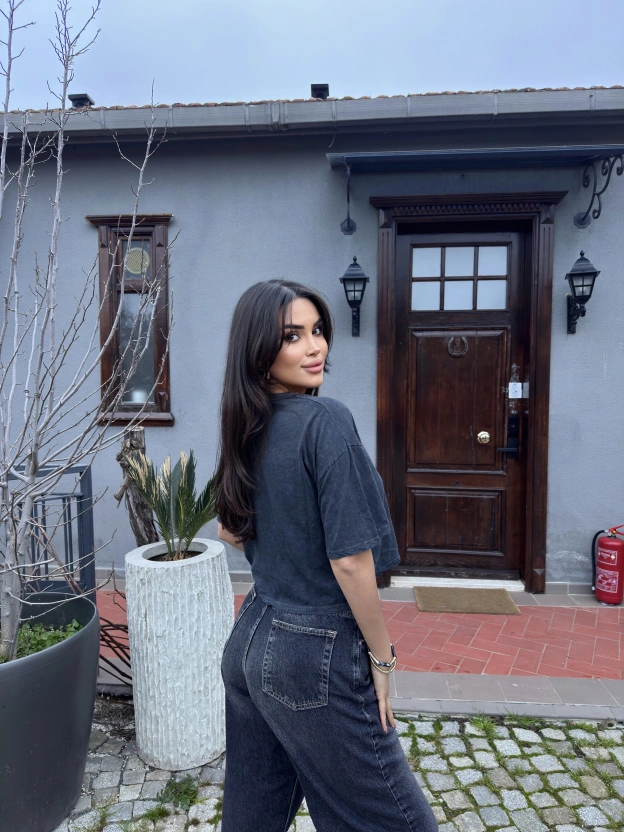 Füme Baskılı Yıkamalı Crop Tshırt