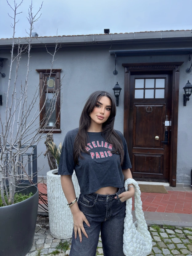 Füme Baskılı Yıkamalı Crop Tshırt