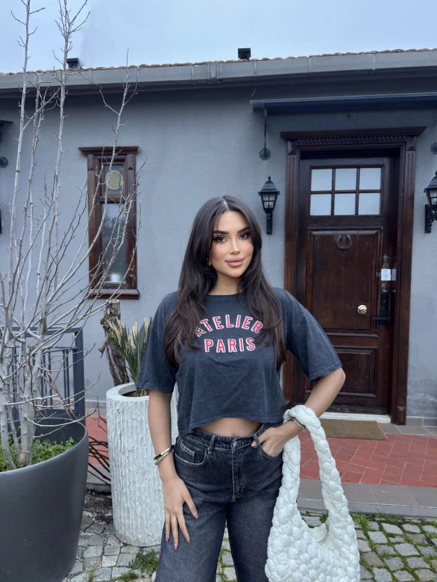 Füme Baskılı Yıkamalı Crop Tshırt