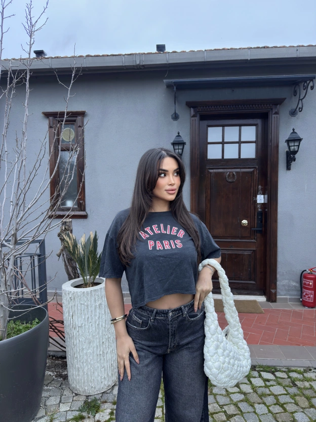 Füme Baskılı Yıkamalı Crop Tshırt
