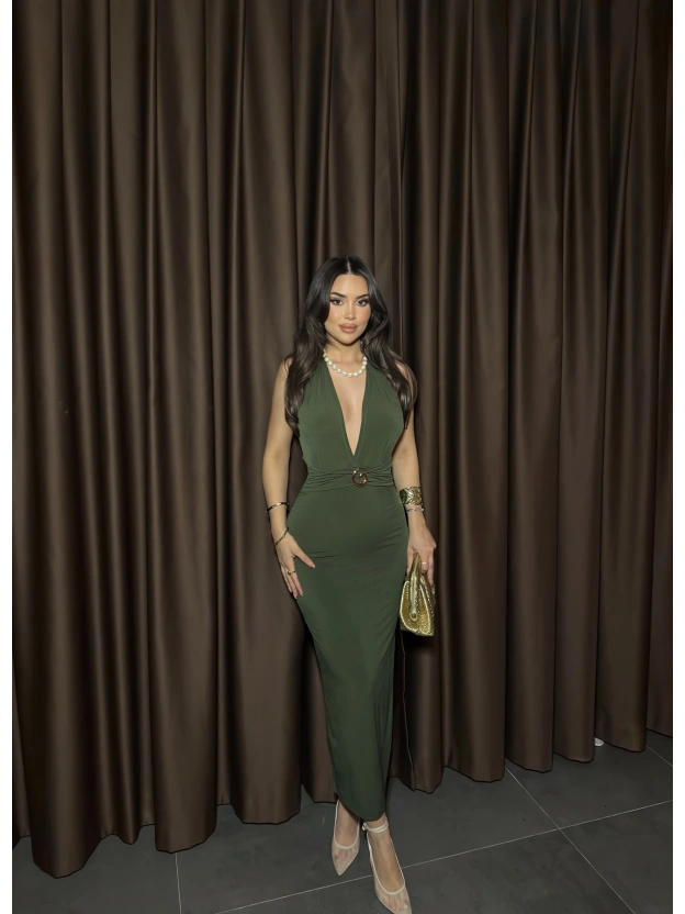 Haki G Tokalı Uzun Elbise