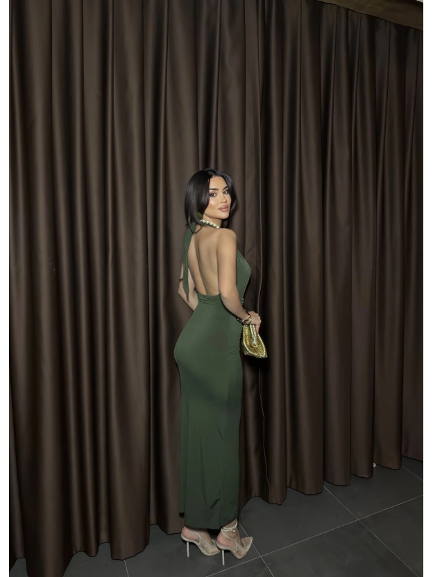 Haki G Tokalı Uzun Elbise