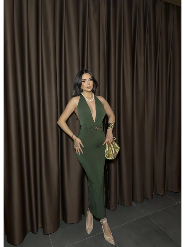 Haki G Tokalı Uzun Elbise