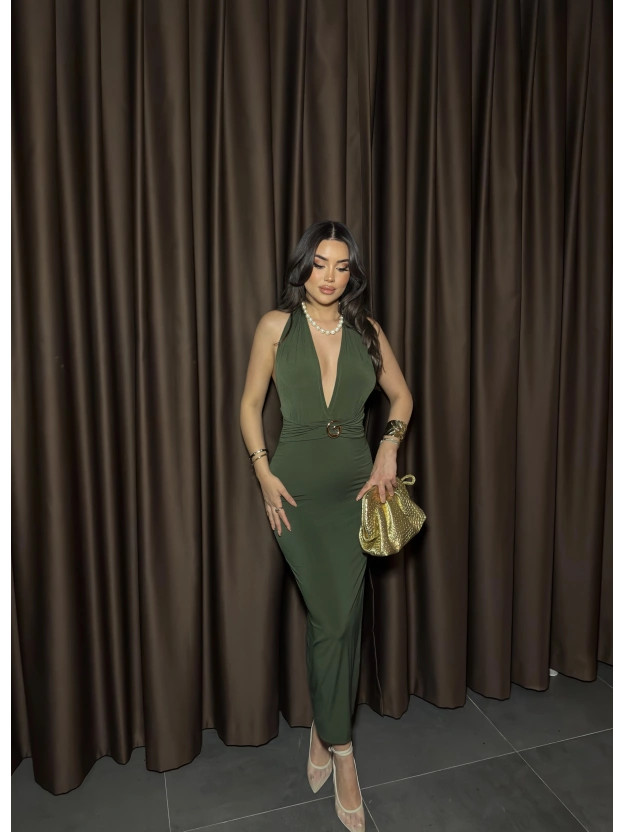 Haki G Tokalı Uzun Elbise