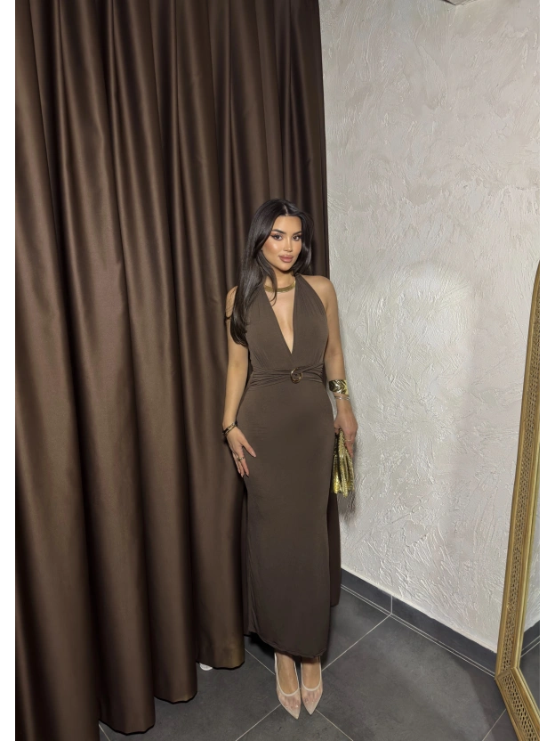 Kahverengi G Tokalı Uzun Elbise