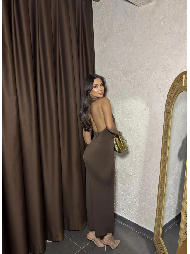 Kahverengi G Tokalı Uzun Elbise