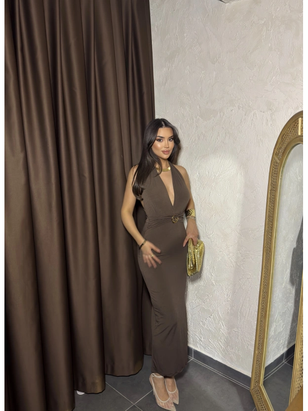 Kahverengi G Tokalı Uzun Elbise