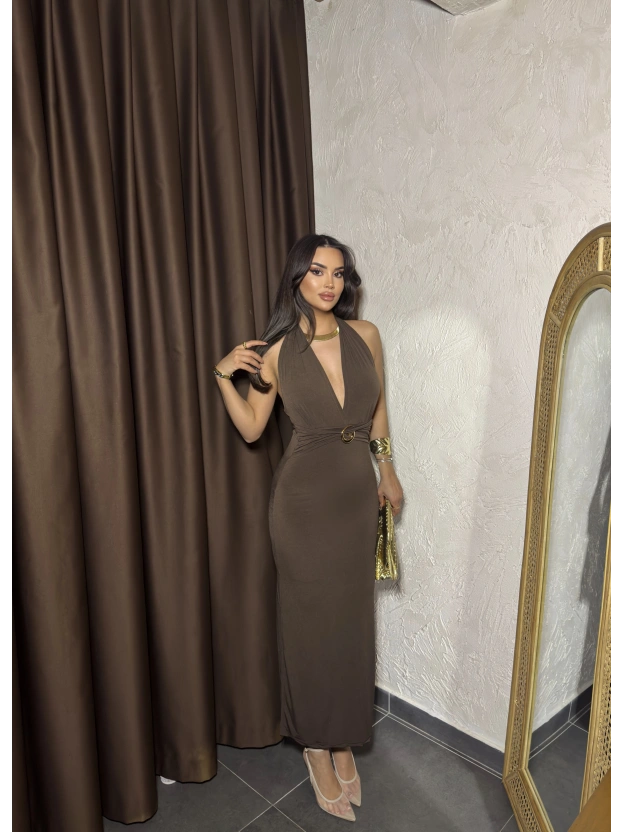 Kahverengi G Tokalı Uzun Elbise