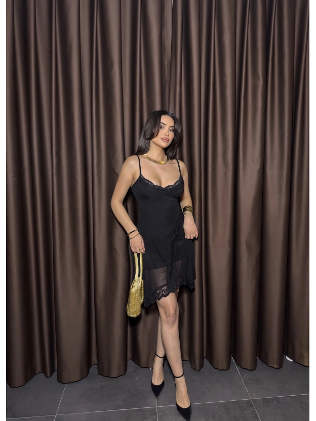 Siyah Askılı Güpür Detay Tül Elbise