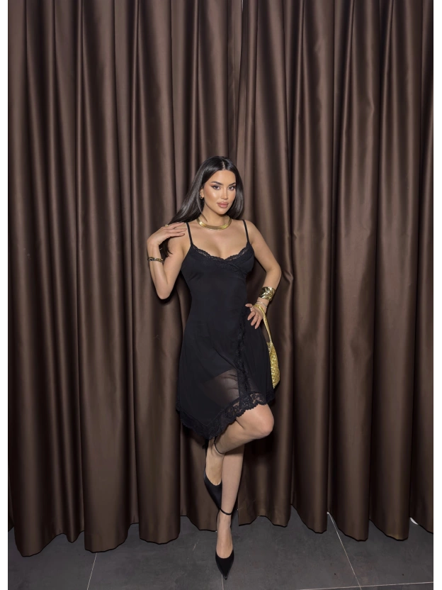 Siyah Askılı Güpür Detay Tül Elbise