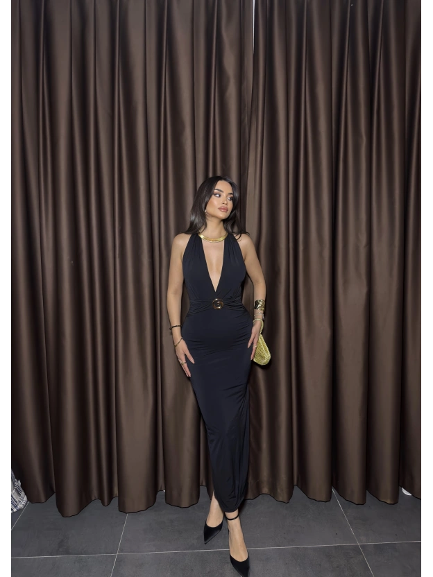 Siyah G Tokalı Uzun Elbise