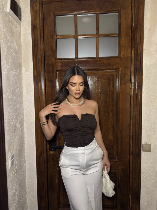 Acı Kahve Drapeli Straplez Crop