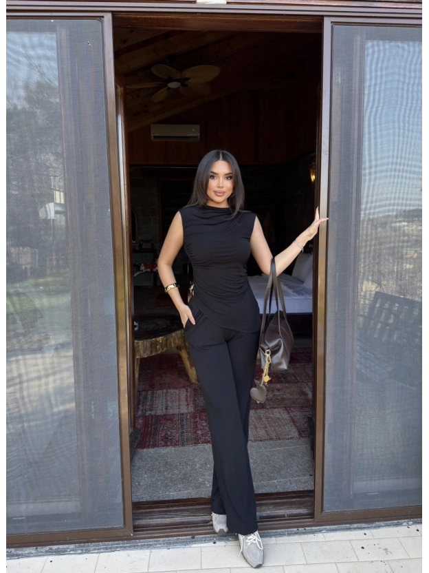 Siyah Bisiklet Yaka Kolsuz İkili Takım