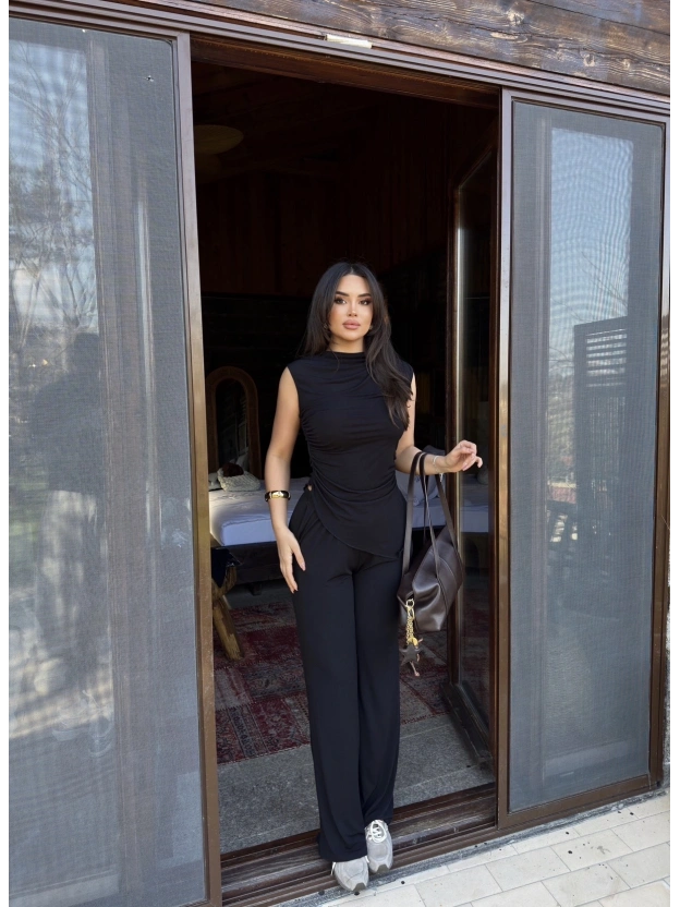 Siyah Bisiklet Yaka Kolsuz İkili Takım