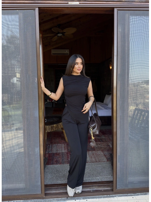 Siyah Bisiklet Yaka Kolsuz İkili Takım