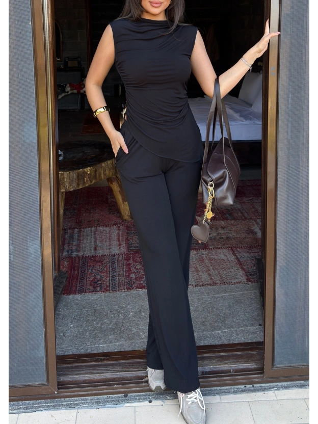 Siyah Bisiklet Yaka Kolsuz İkili Takım