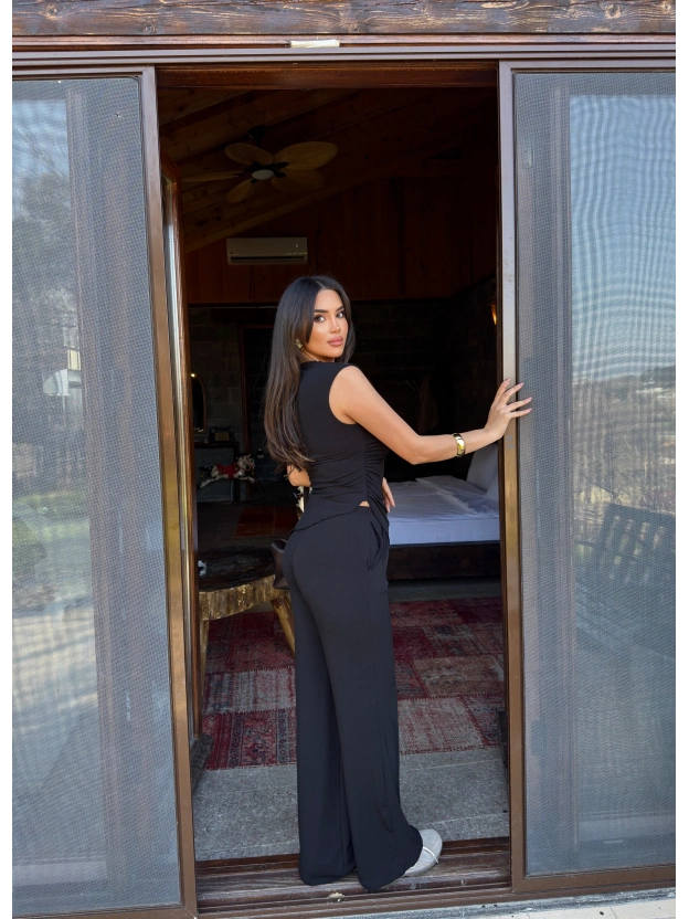 Siyah Bisiklet Yaka Kolsuz İkili Takım