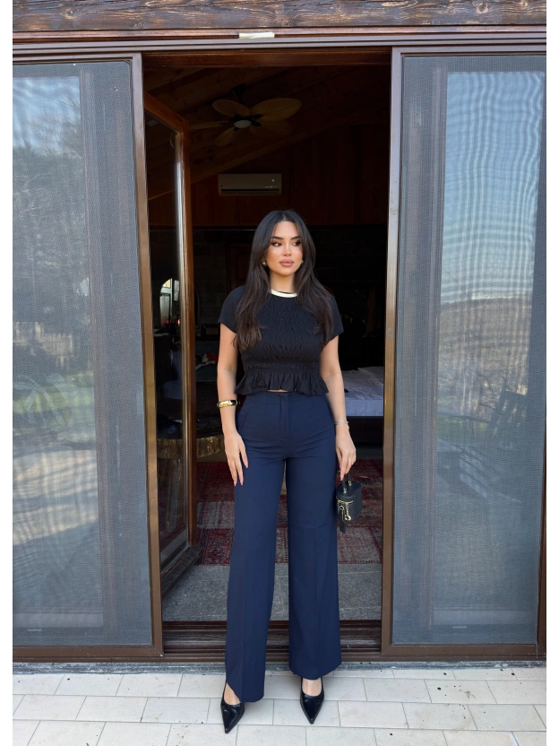 Lacivert Yüksek Bel Kumaş Pantolon