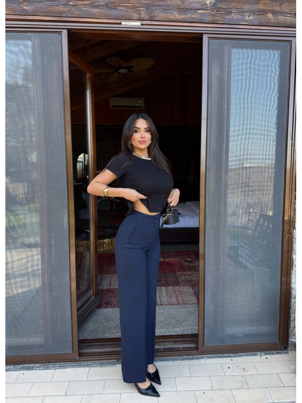 Lacivert Yüksek Bel Kumaş Pantolon