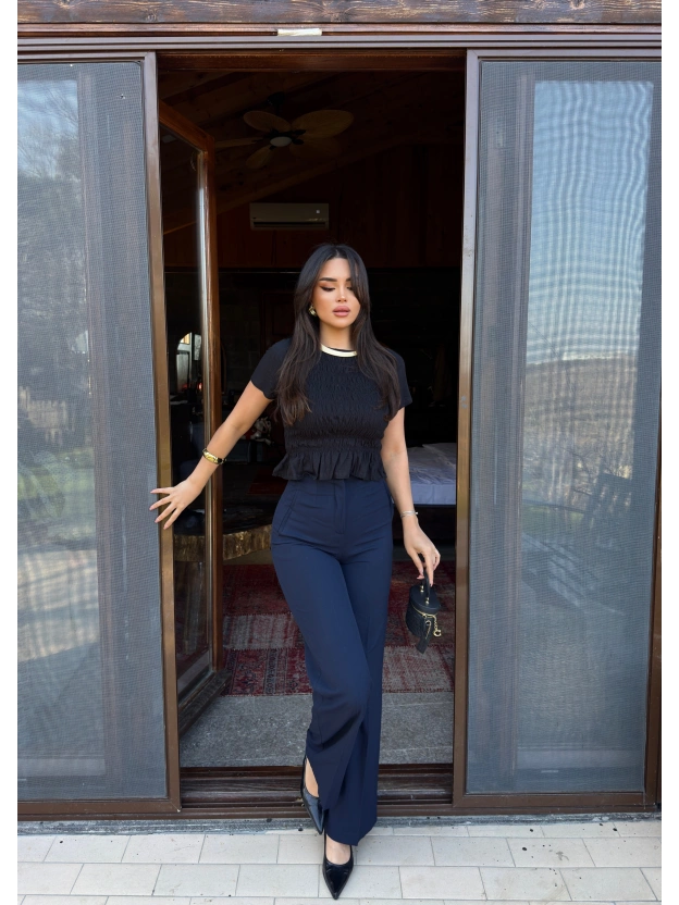 Lacivert Yüksek Bel Kumaş Pantolon