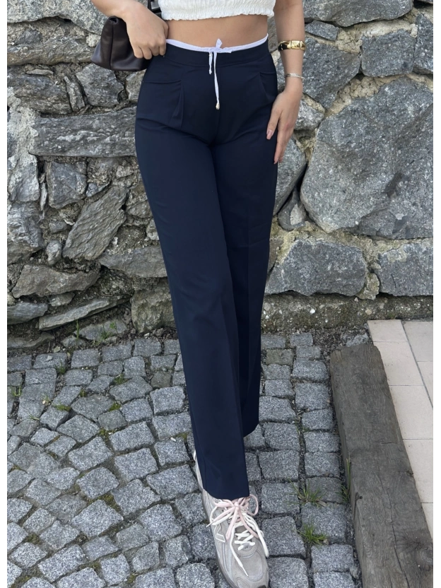 Lacivert Bel Detay Kumaş Pantolon